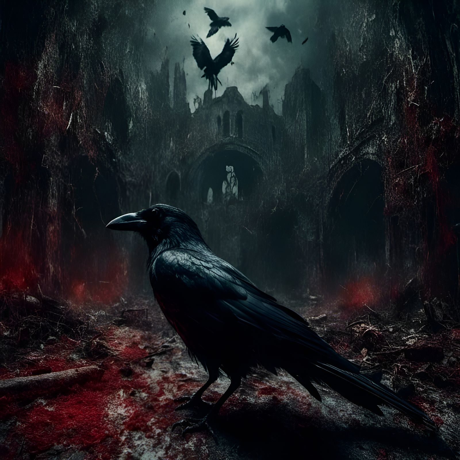 Raven Taunts Man in Dark Chamber, Detailed Matte Painting