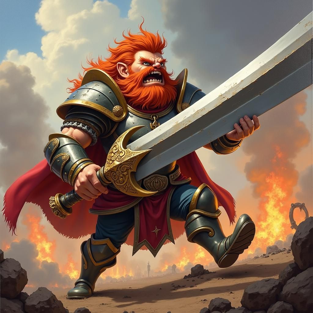 Cartoon Warrior Swings Sword in Oil Painting Style