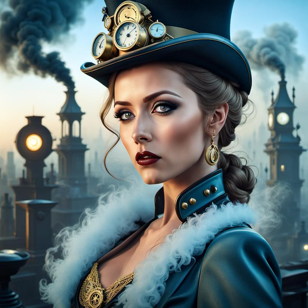 Steampunk Woman Portrait in Foggy Cityscape