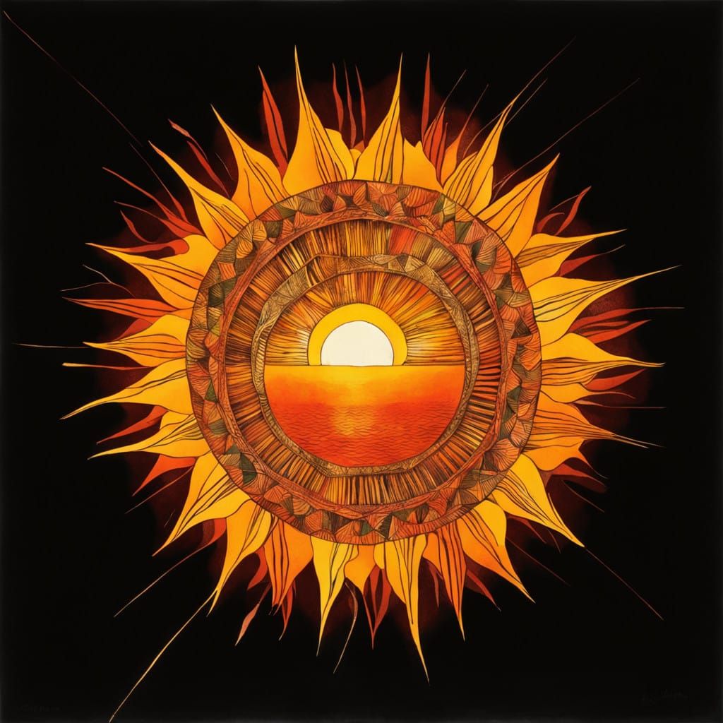 Vibrant Solar Flare in Triadic Linoprint