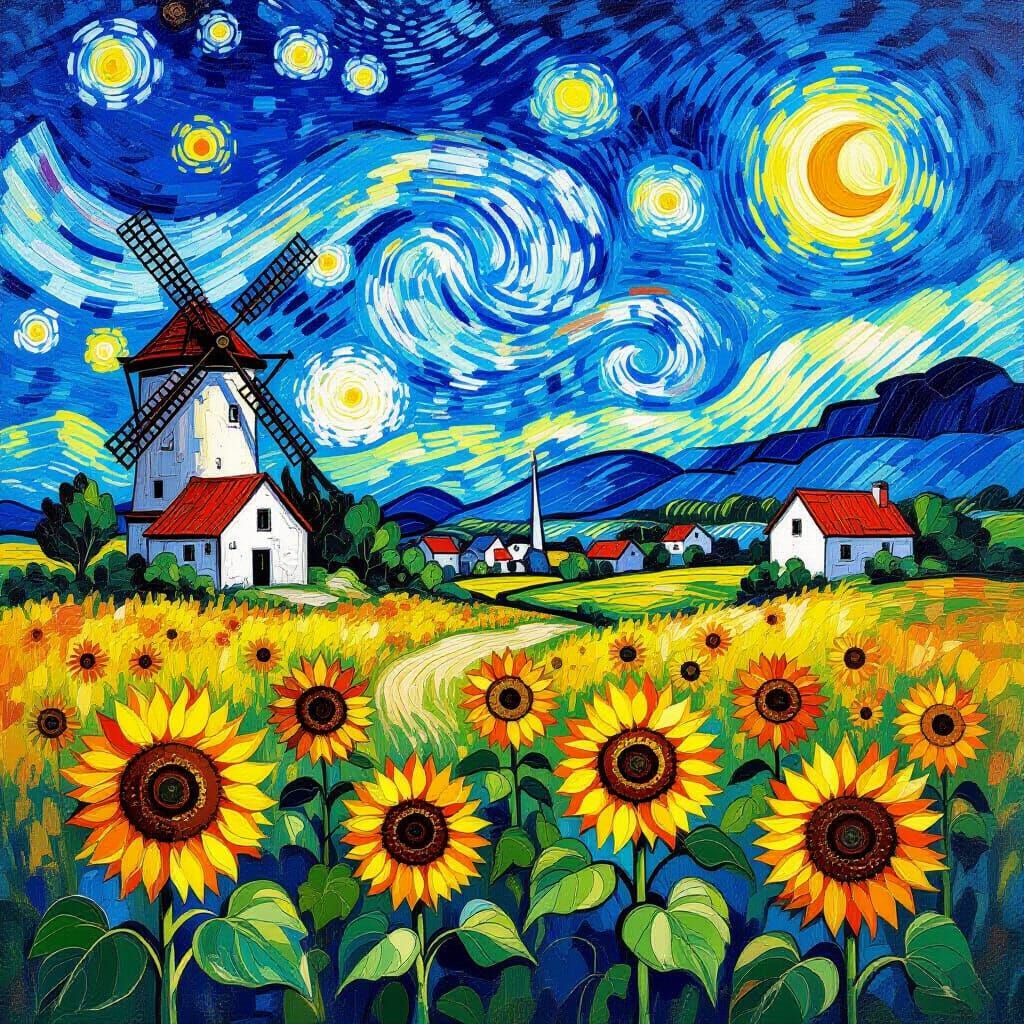 Sunflowers Under Starry Sky with Cottages and Windmills in V...