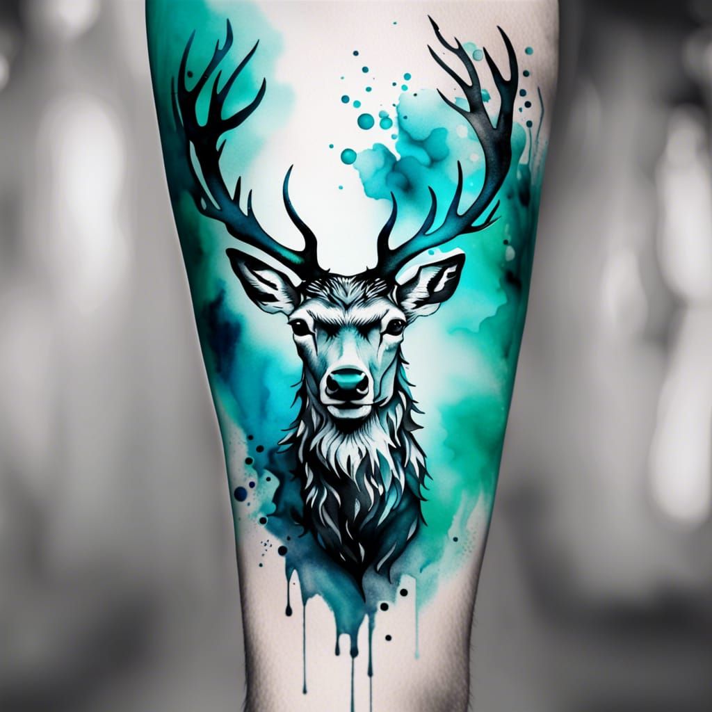 Stag Head Tattoo with Teal Watercolor Background