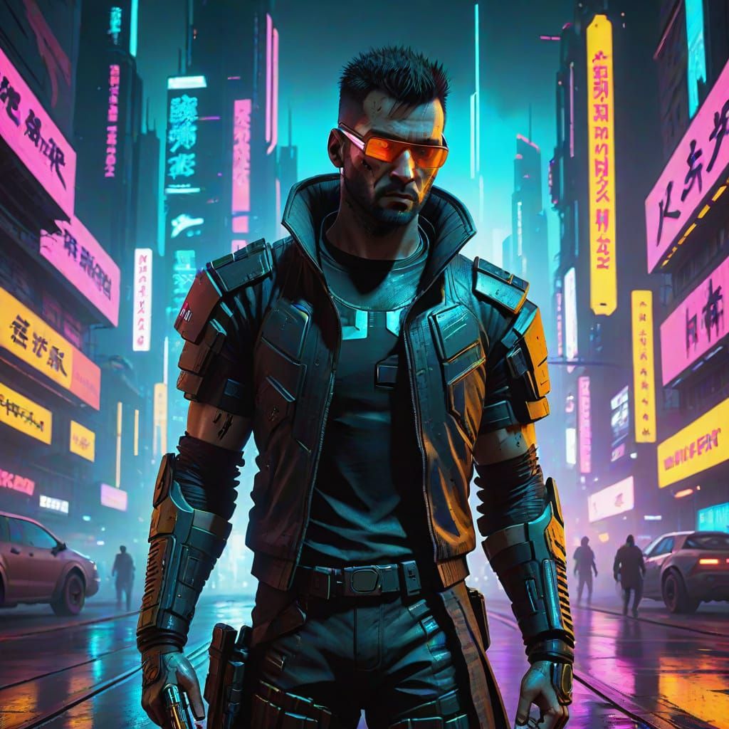 Cyberpunk Warrior with Katana in Neon Cityscape