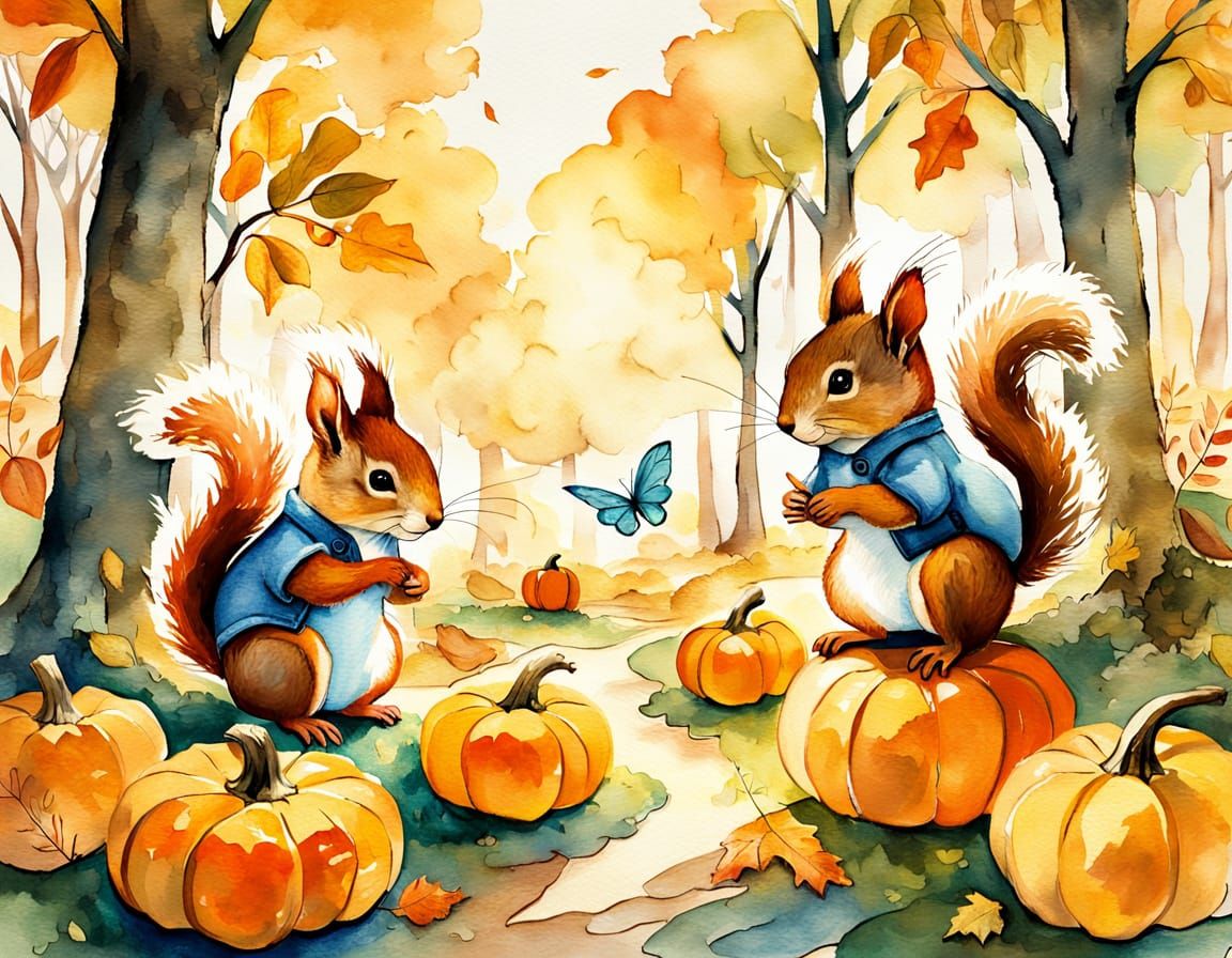 Whimsical Squirrels in Autumn Woods: Watercolor Painting