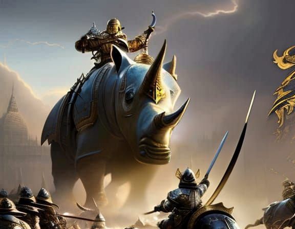 Warrior Rhinoceros in Fantasy Battle, Victorian Style