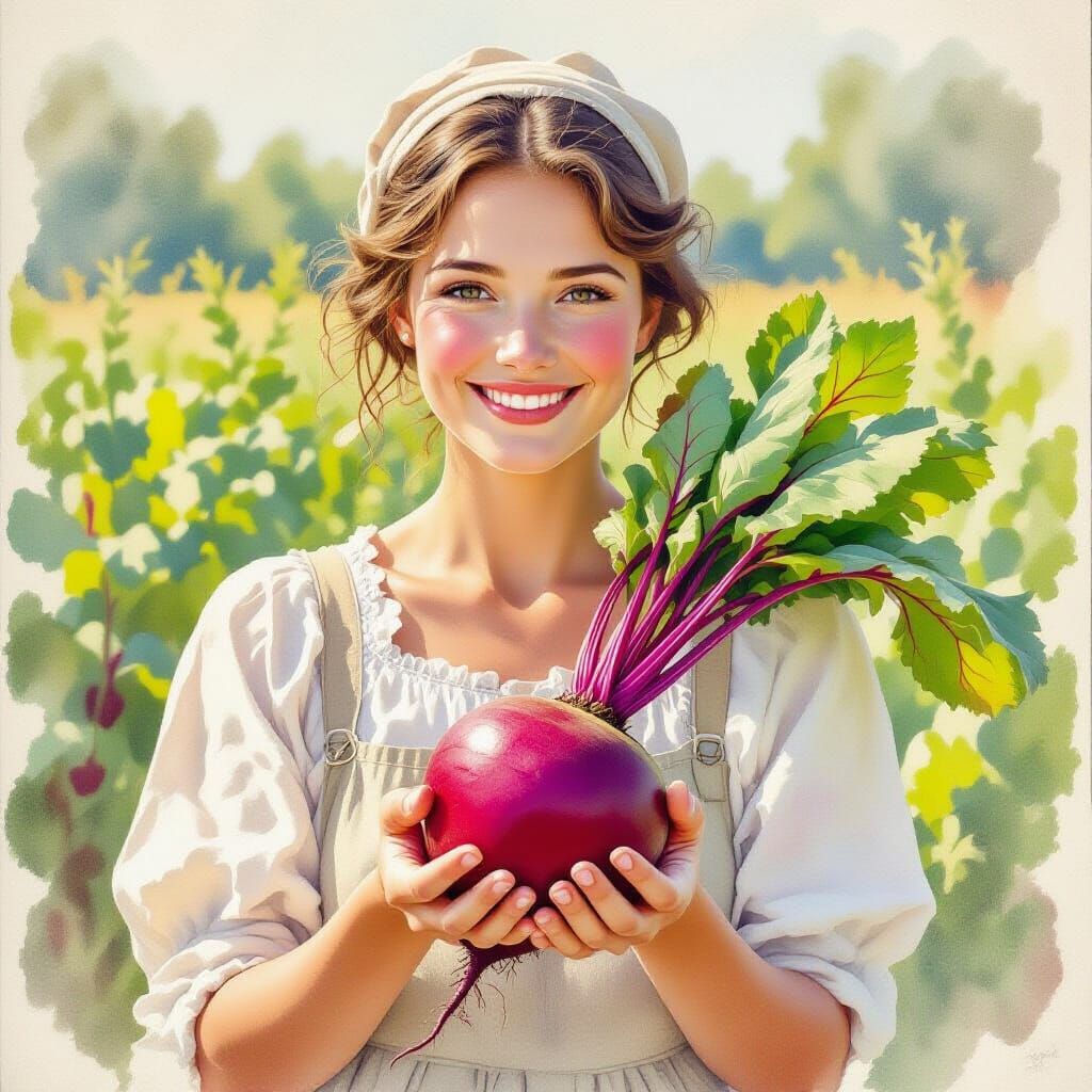 Farm Woman Holding Vibrant Beet in Watercolor Style