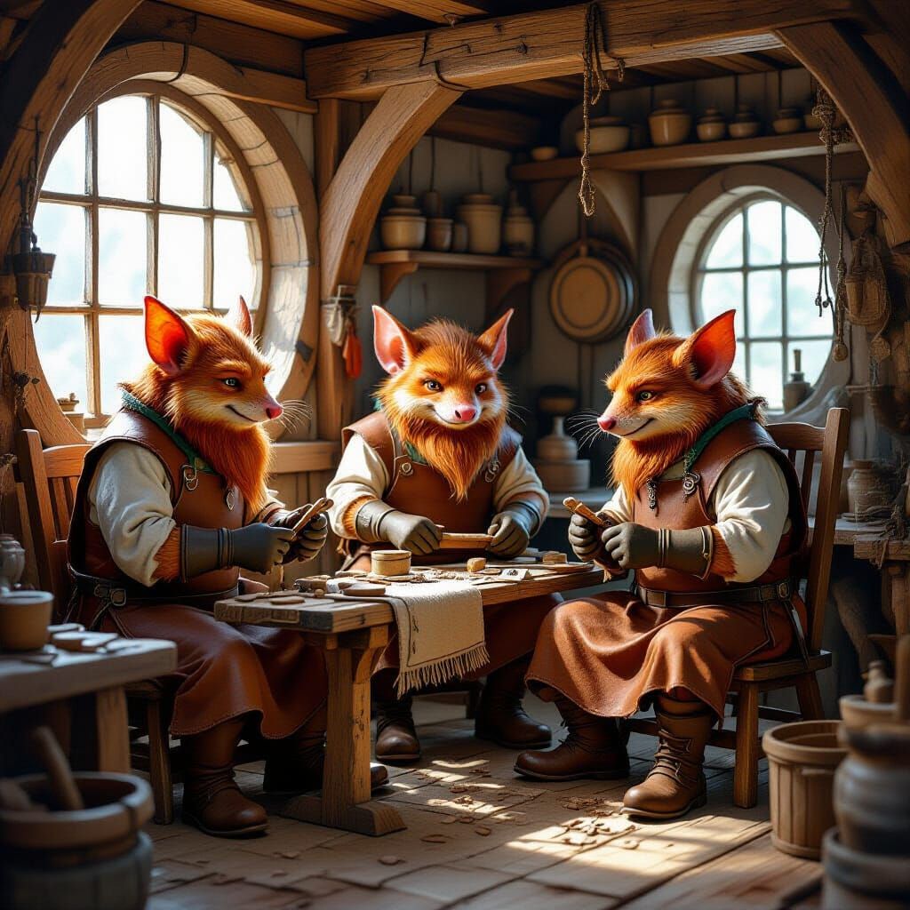 Kobold Artisans Crafting and Mending in a Cozy Workshop