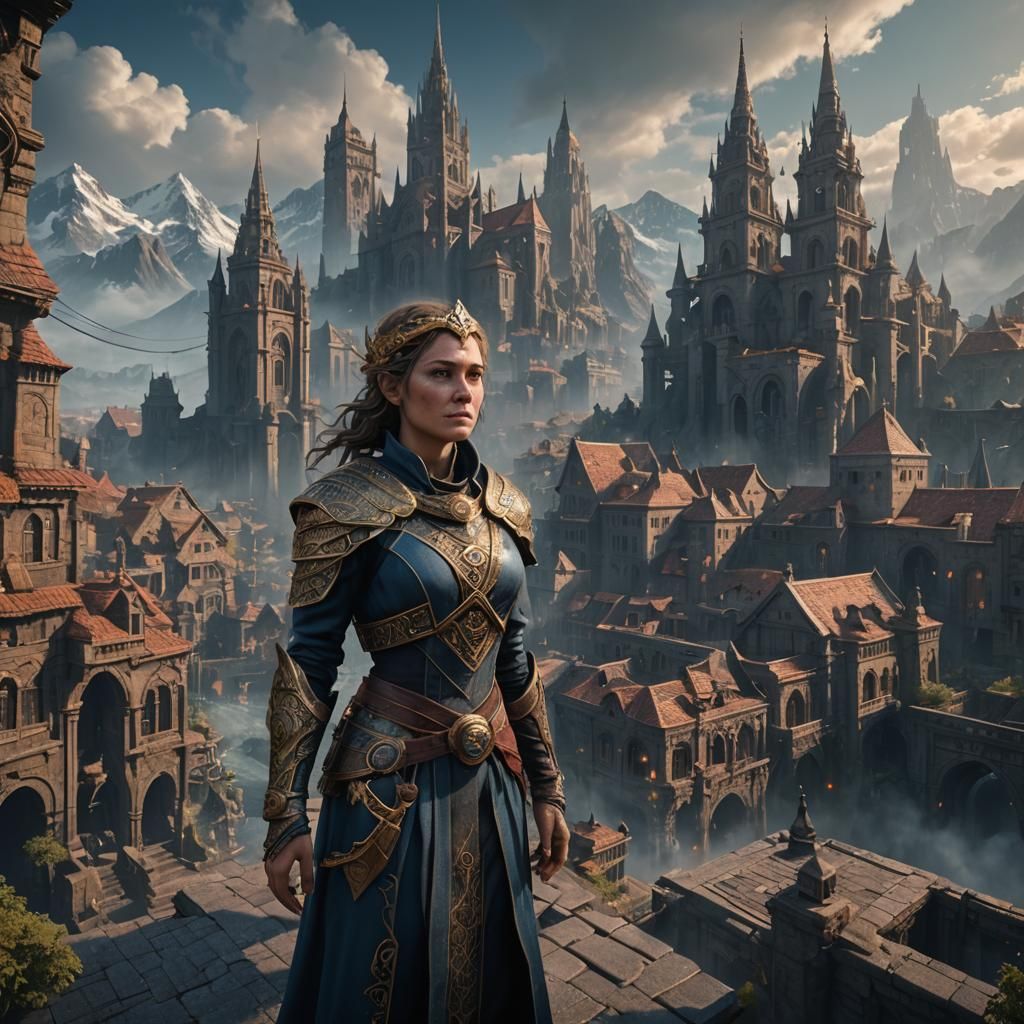 Woman Gazing from City: Detailed Matte Painting