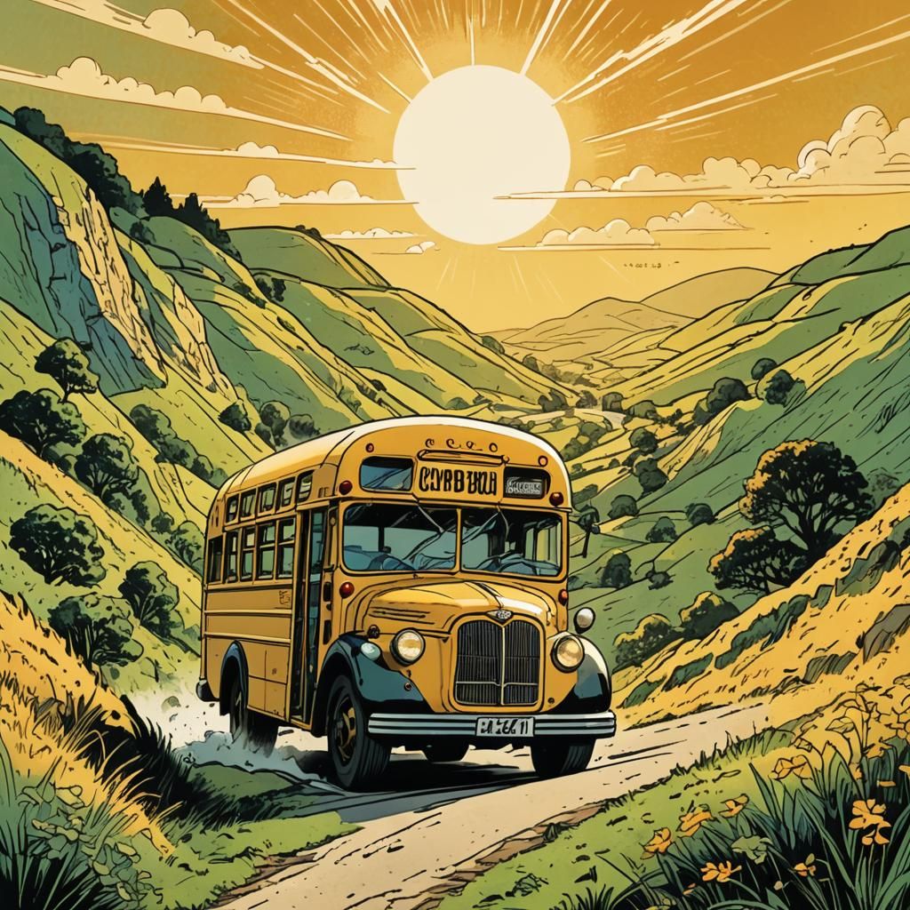 Retro Comic Book Art of Chubby British Schoolbus