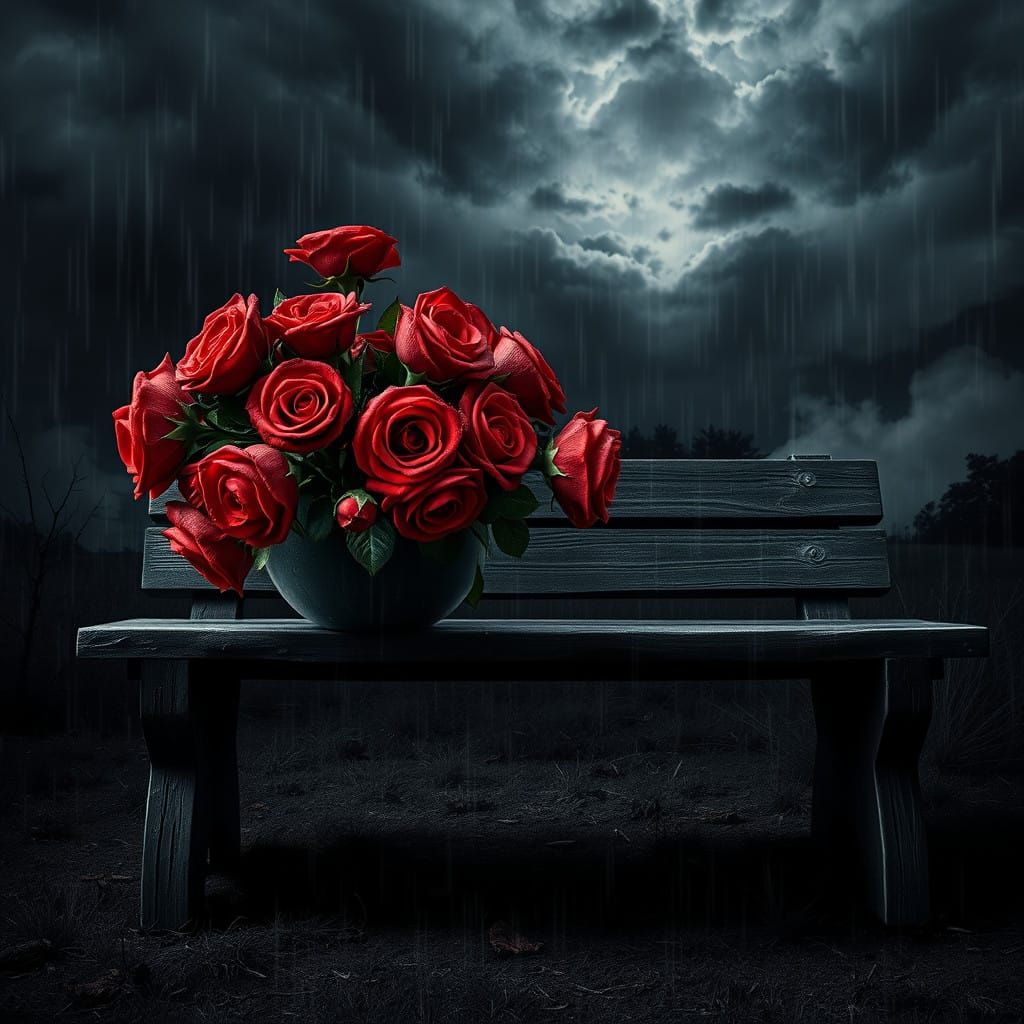 Weathered Wood Bench Under Mysterious Nighttime Forest