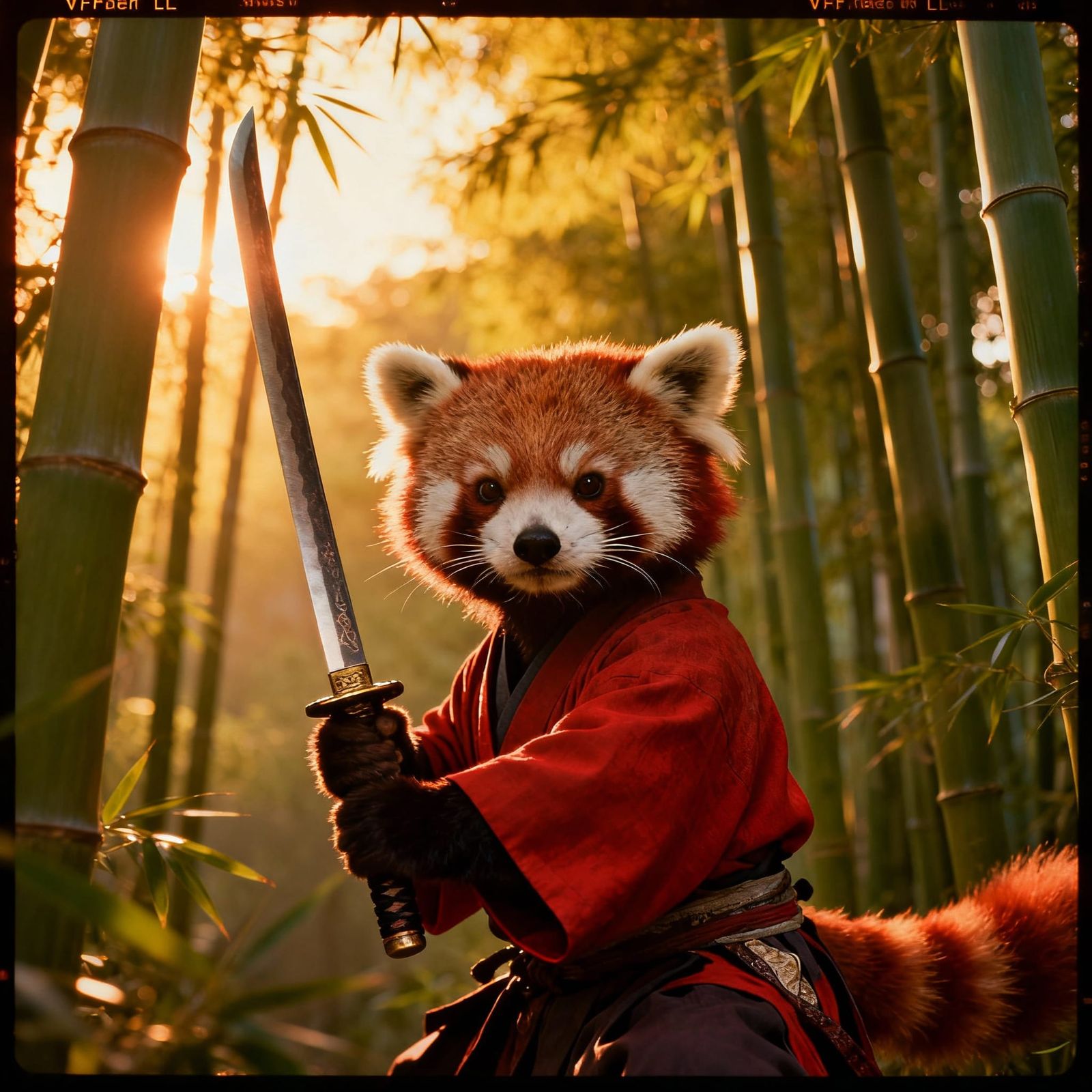 Red Panda Warrior with Katana in Bamboo Forest