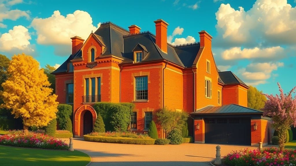 Elegant Chateau in Golden Afternoon Light with Vibrant Garde...