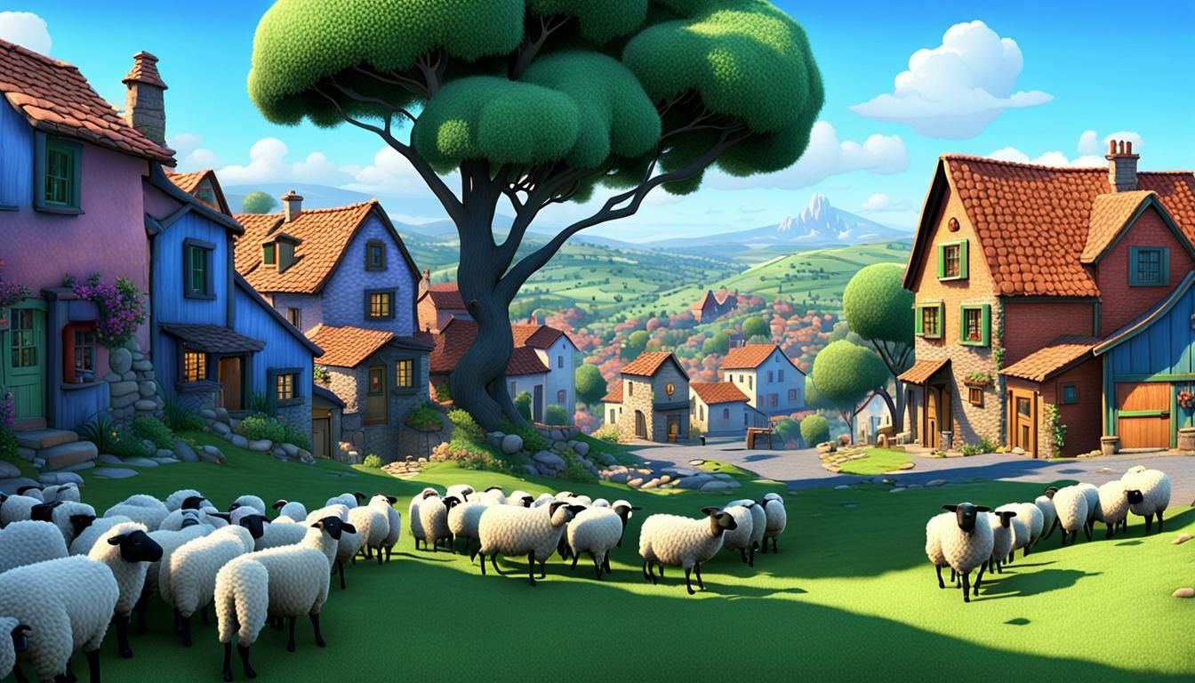 Picturesque Hillside Town with Shepherd in 3D Animation
