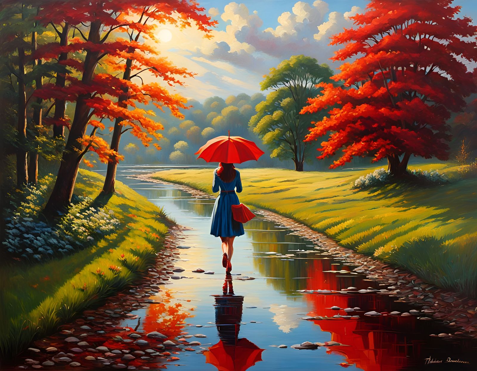 Woman with Red Umbrella: Hyperrealistic Folk Art
