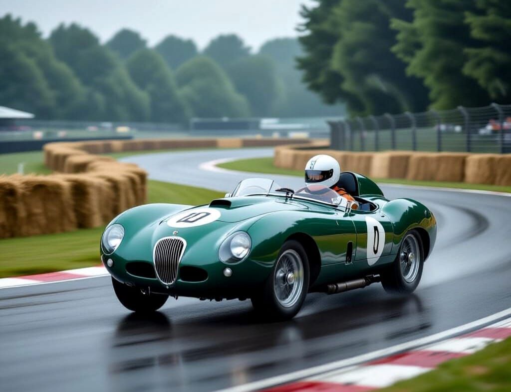 Vintage Jaguar C-Type Racer Speeds Through Rain