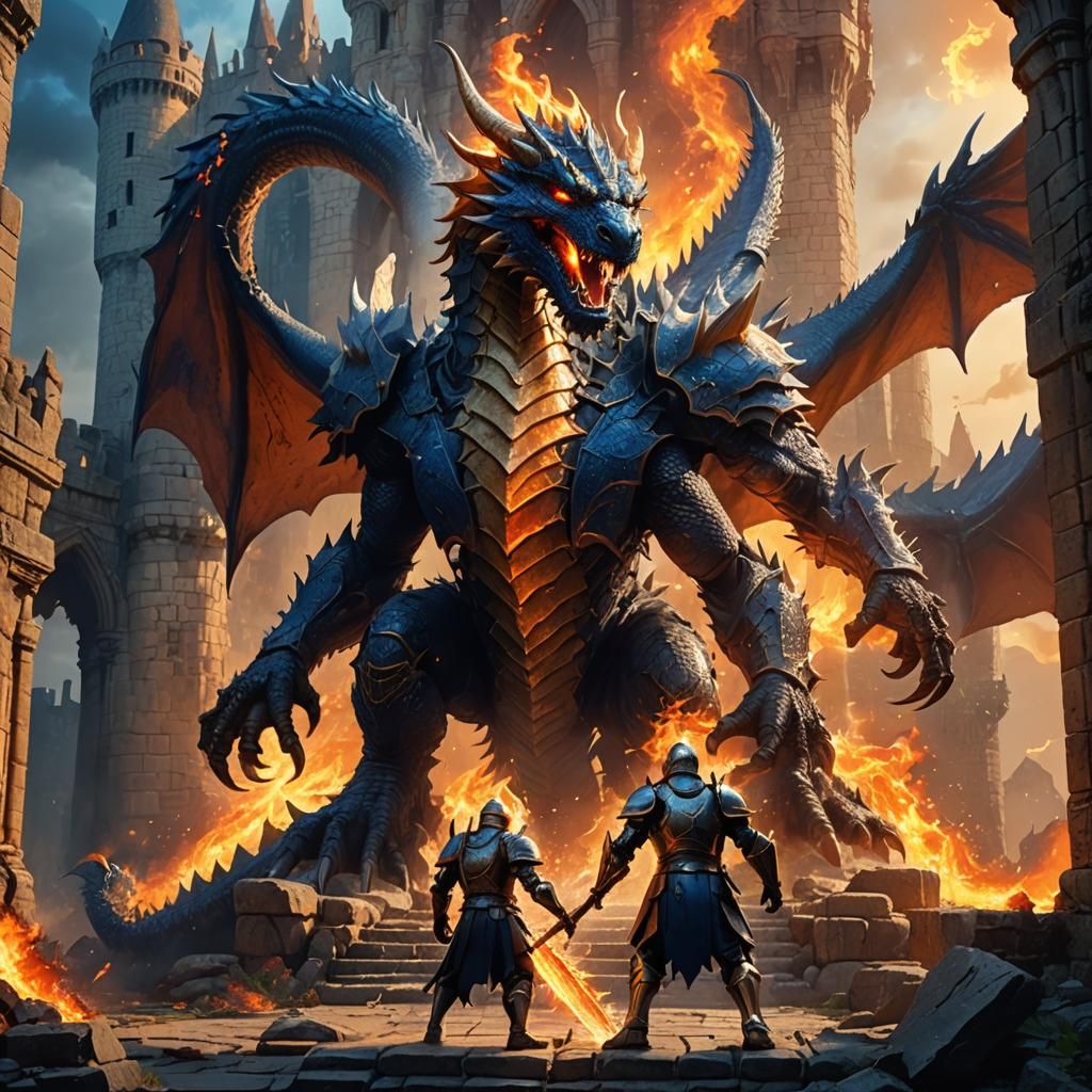 Dragon and Knight Battle in Ruined Castle
