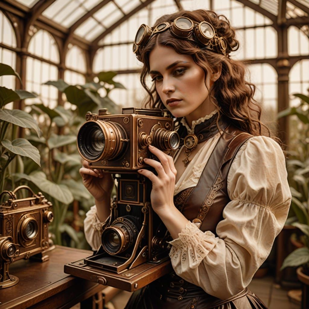 Steampunk Photographer in Victorian Greenhouse: Vintage Phot...