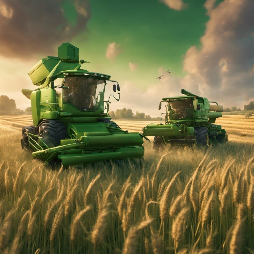 Green Combine with Rabbits: Detailed Matte Painting