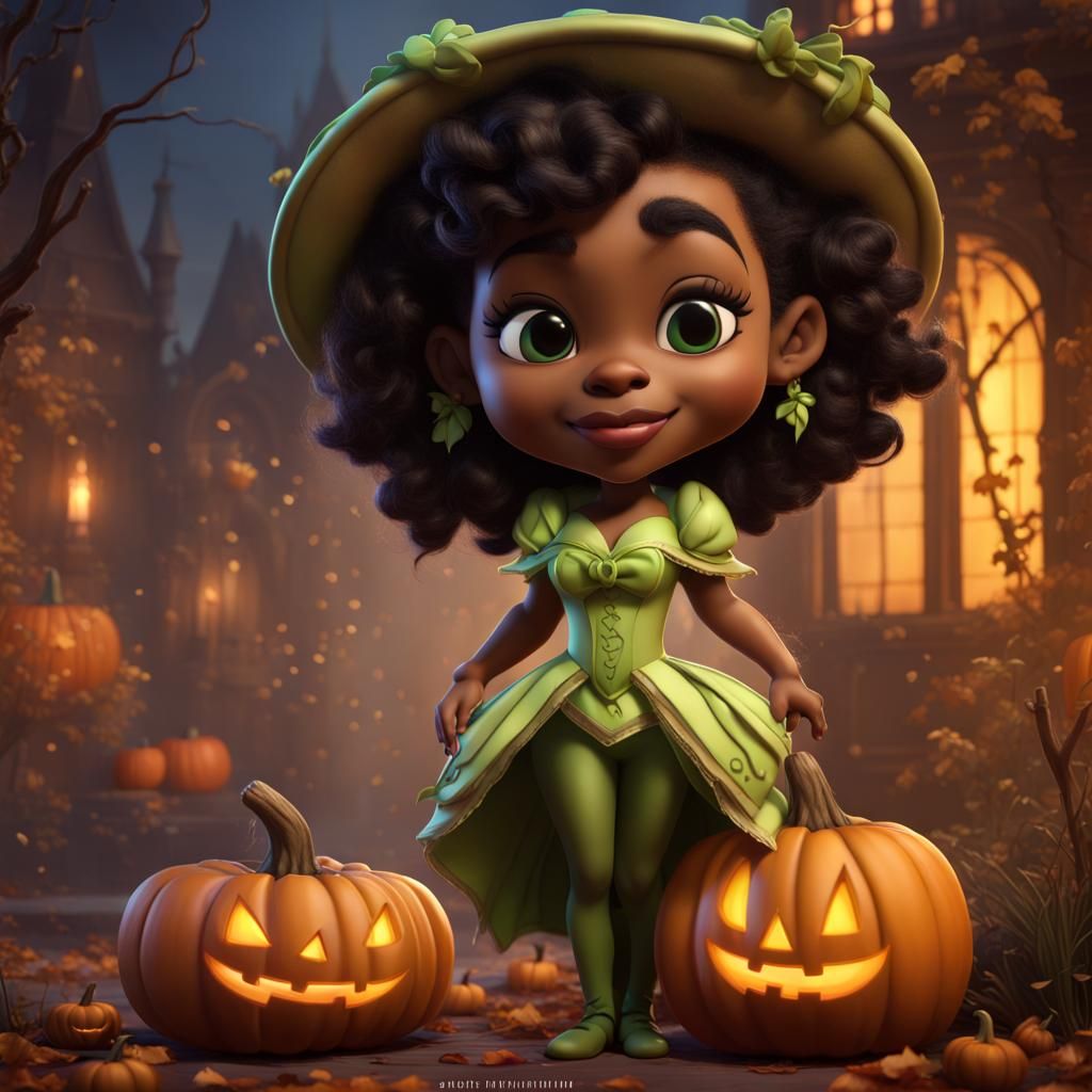 Hyperrealistic Halloween Chibi Tiana in Detailed Digital Art