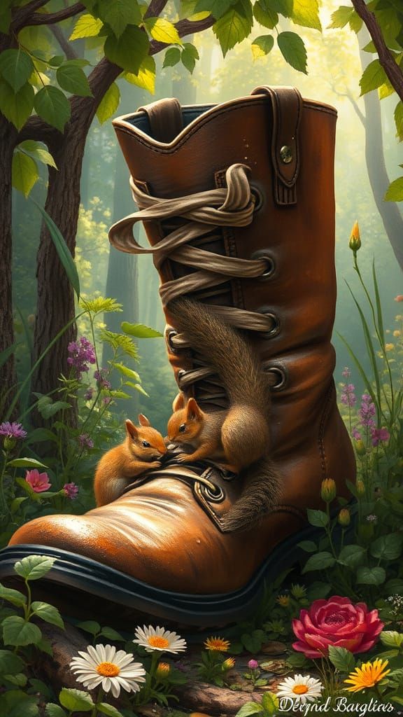 Vintage Leather Boot Squirrels' Cozy Abode in Forest Garden