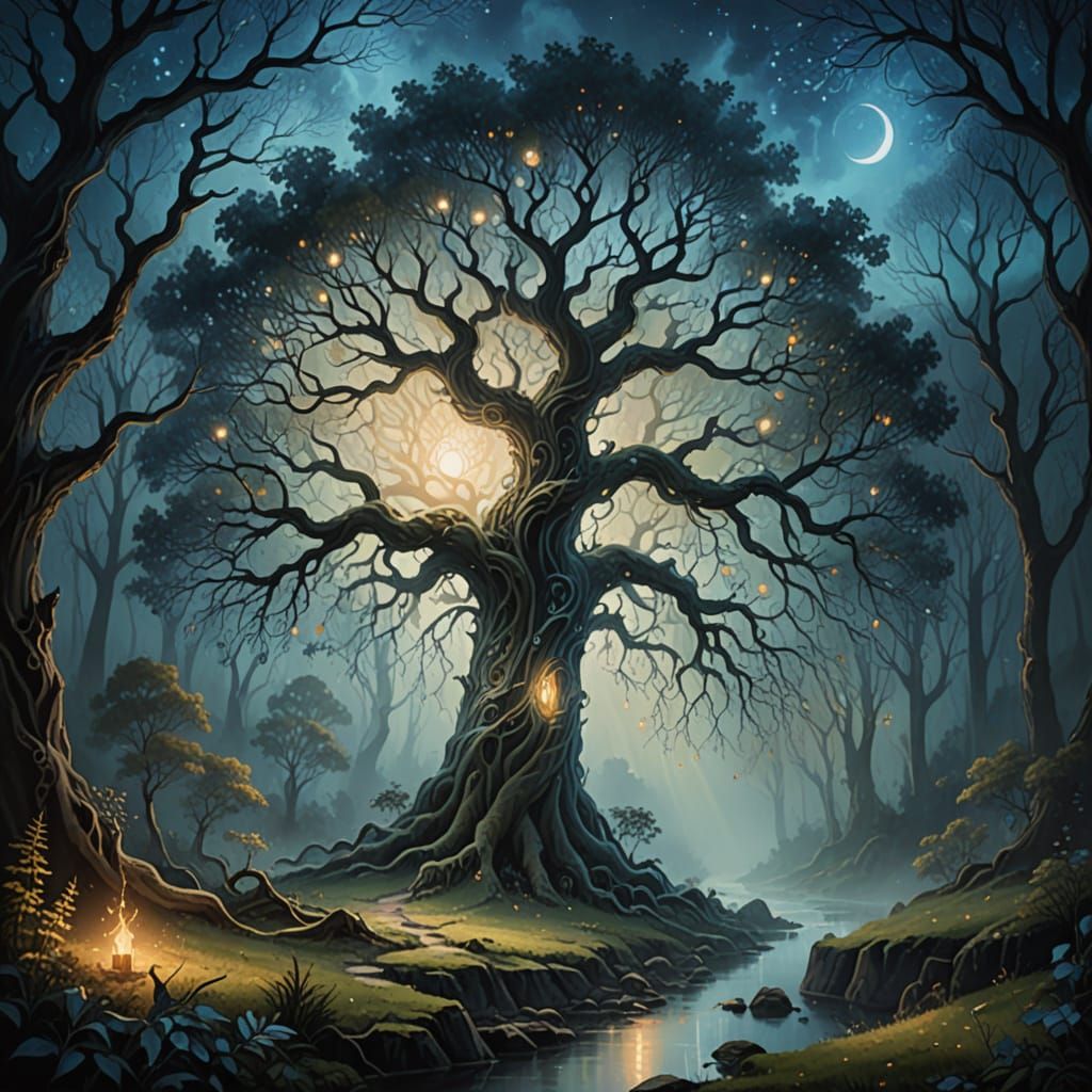 Enchanted Forest Tree with Ethereal Spirits