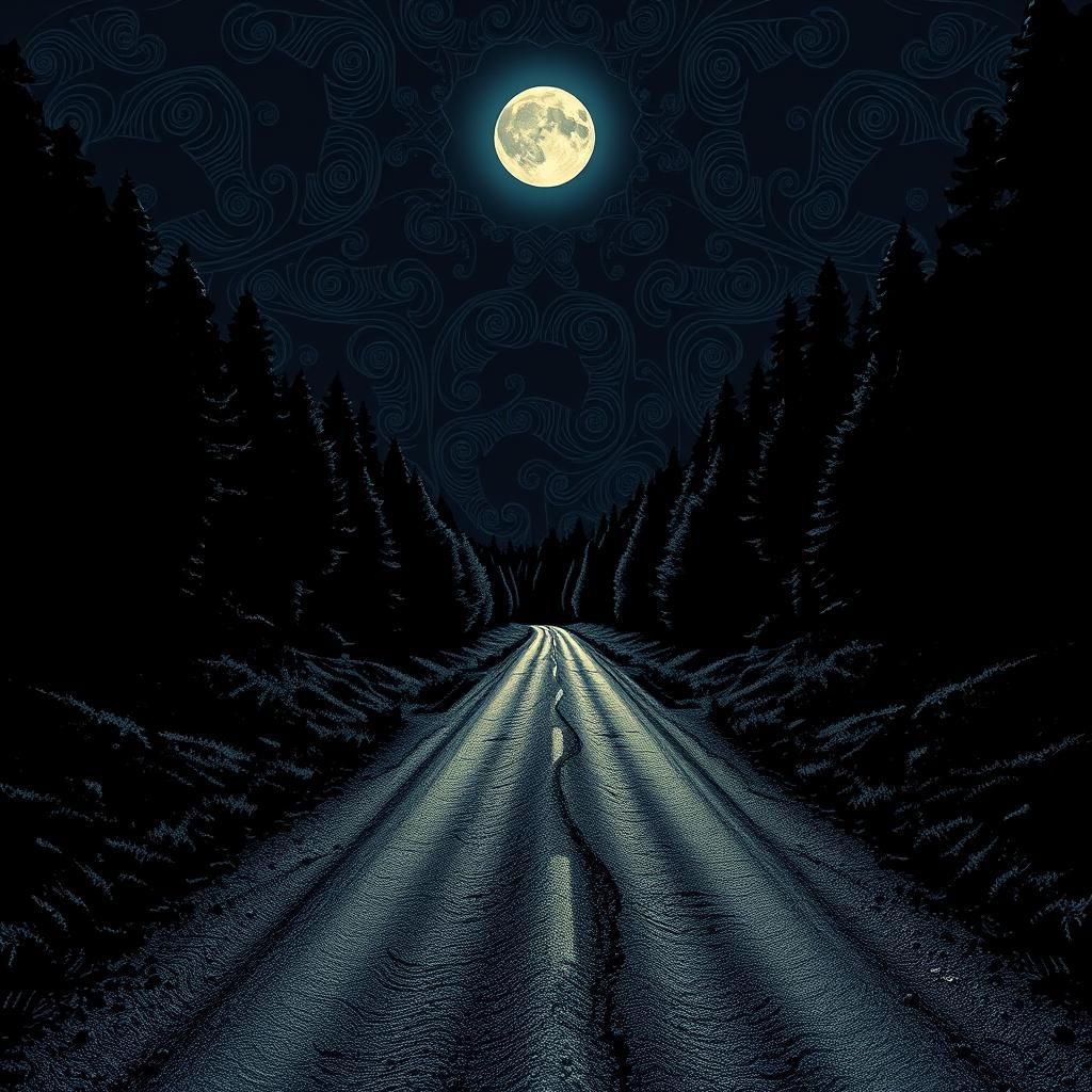 Moonlit Road Through Forest with Fractal Patterns