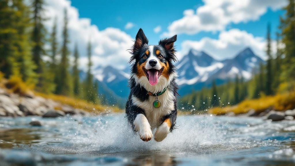 Border Collie Runs Through Mountain River