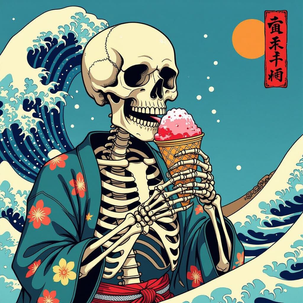 Skeleton Eats Snow Cone, Ukiyo-e Style