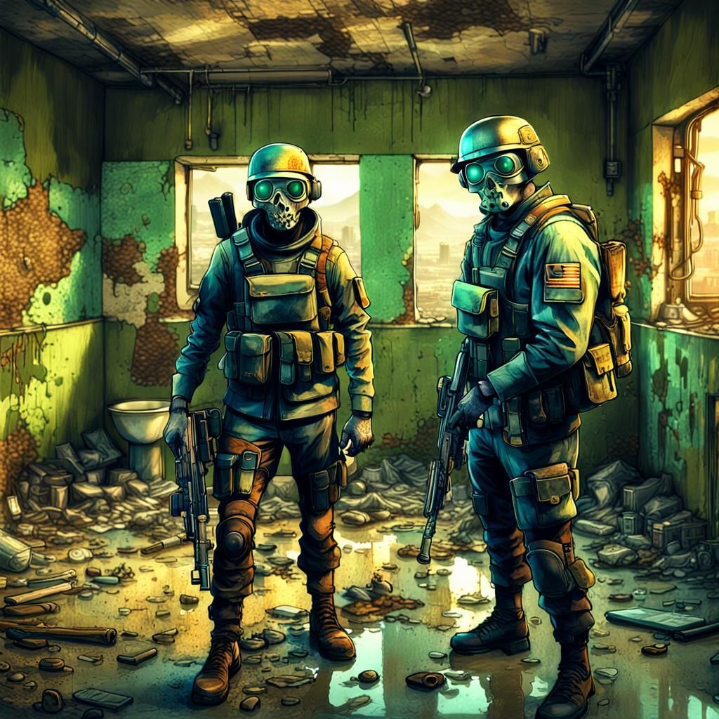 Cyberpunk Couple in Abandoned Building with Undead Soldiers