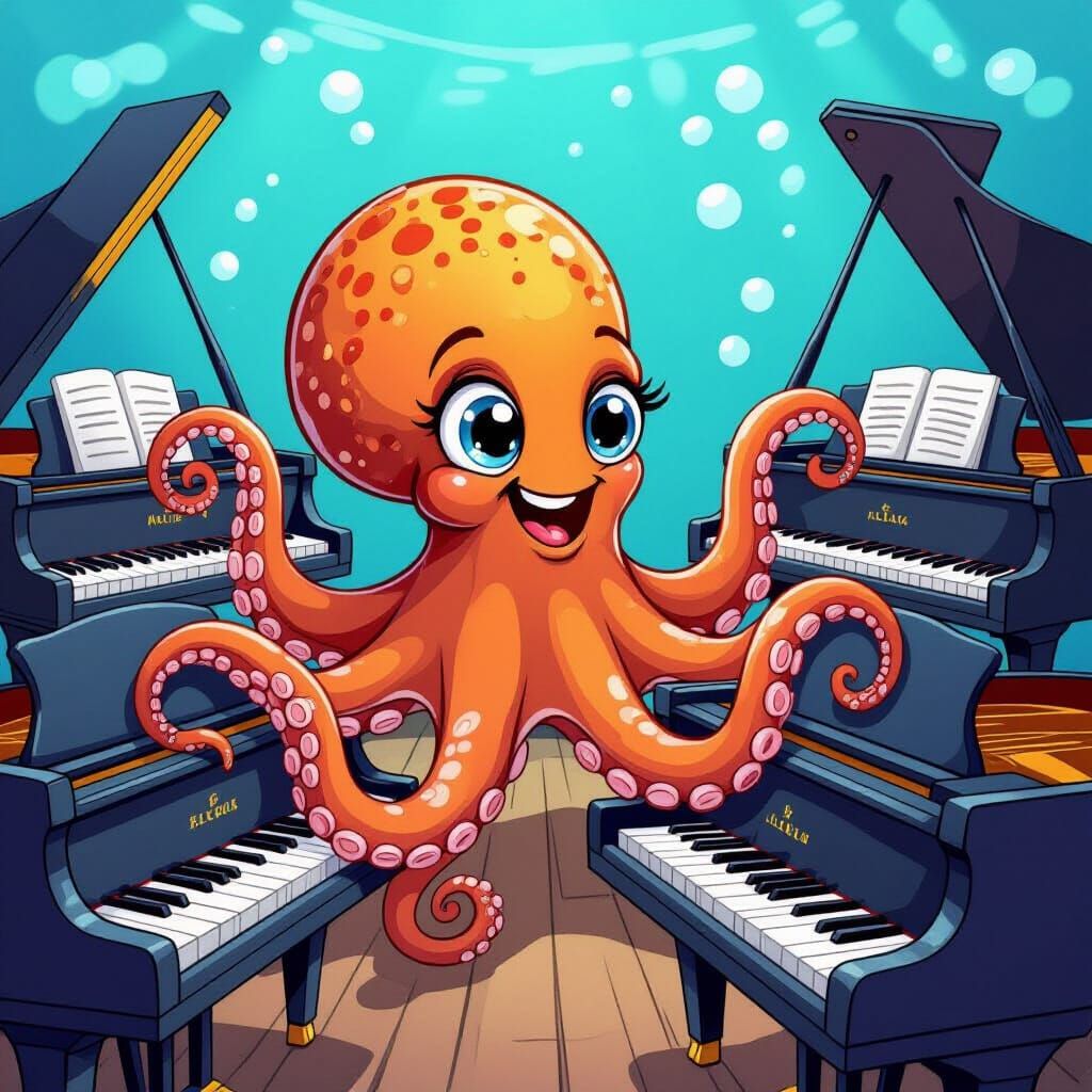 Happy Octopus Plays Pianos in Cartoon Style