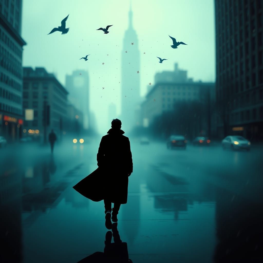 Teal-Toned Cityscape Silhouette with Bokeh Effects