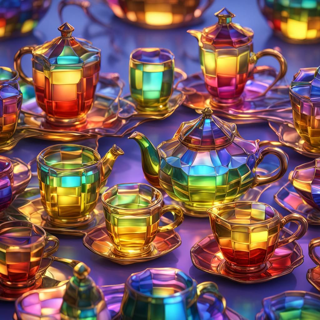 Rainbow Crystal Tea Set in 3D Stained Glass