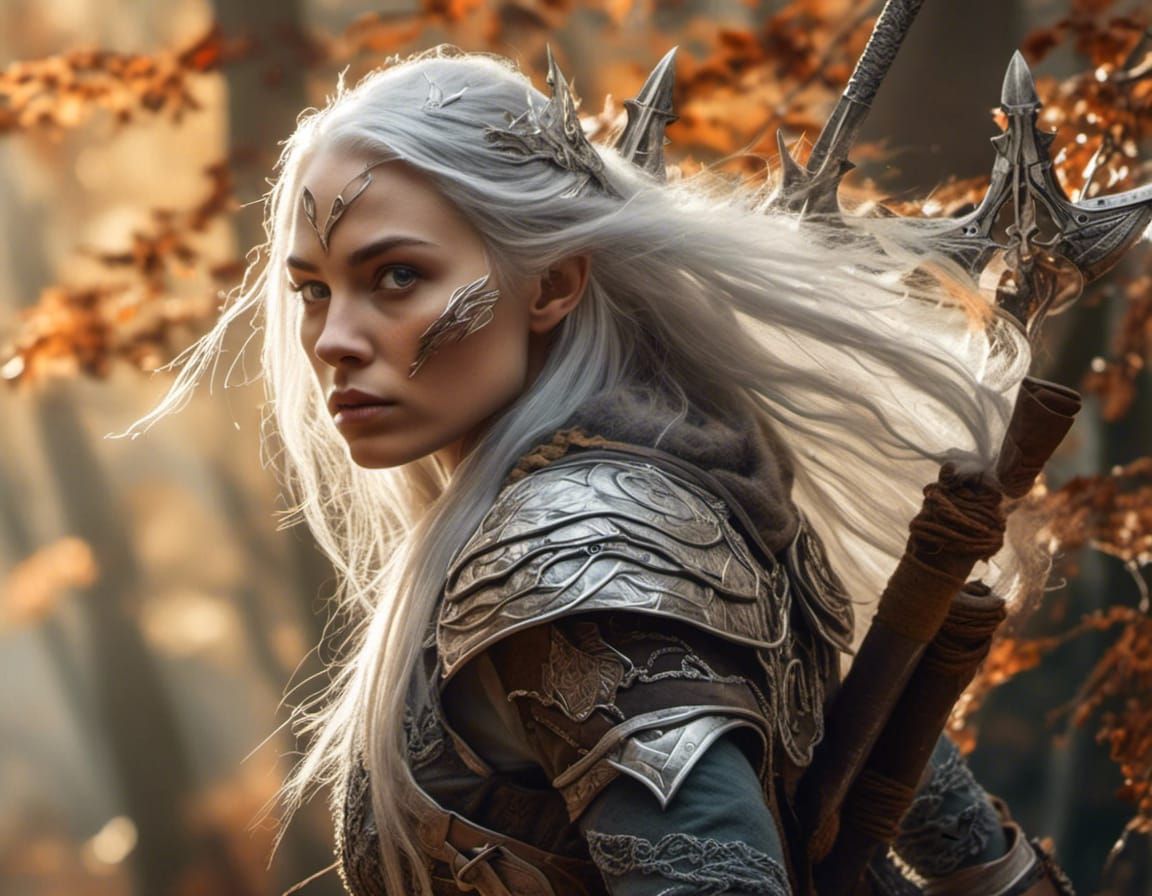 Hyperrealistic Elven Warrior in Autumn Forest