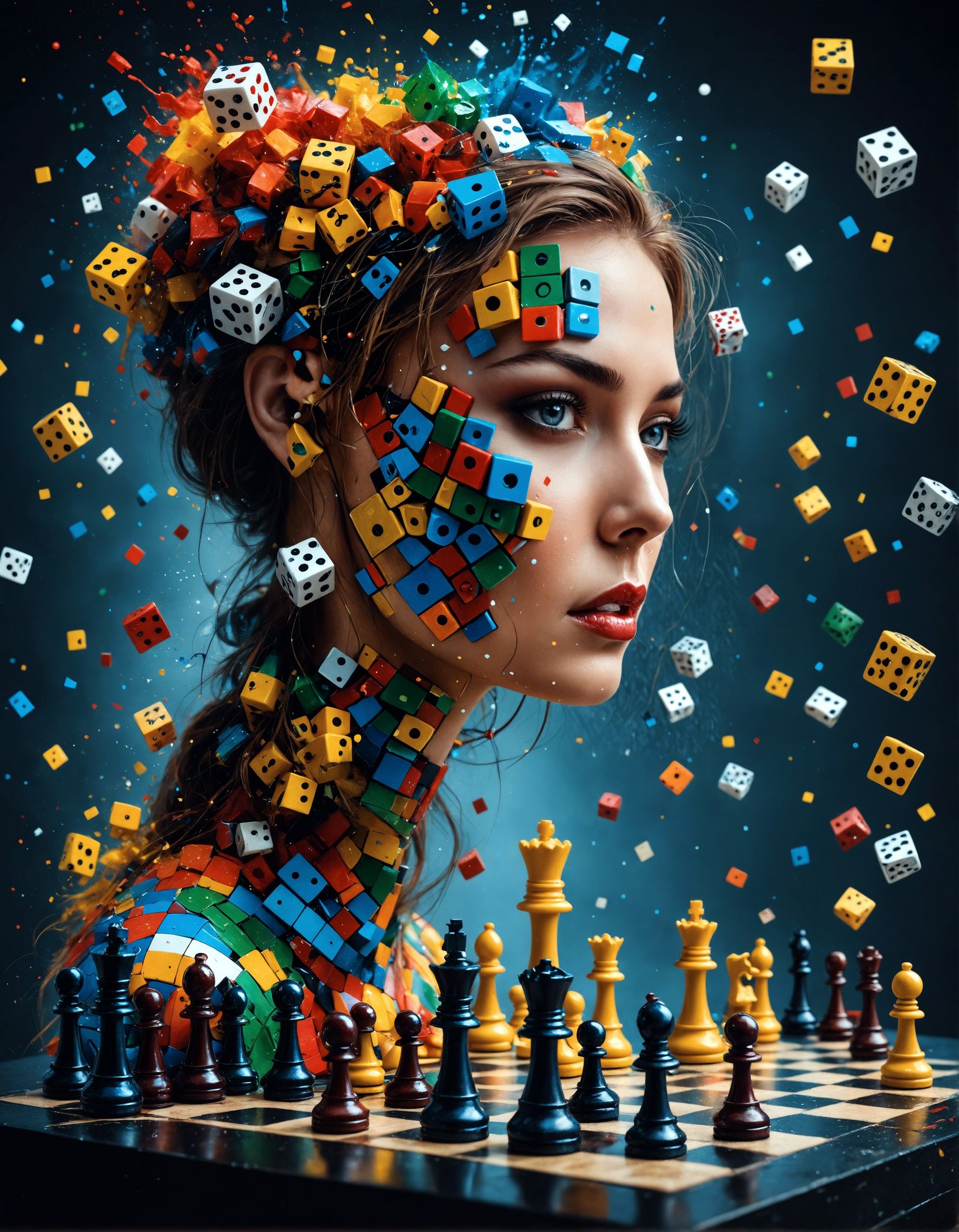 Dice and Chess Piece Woman: Detailed Matte Painting