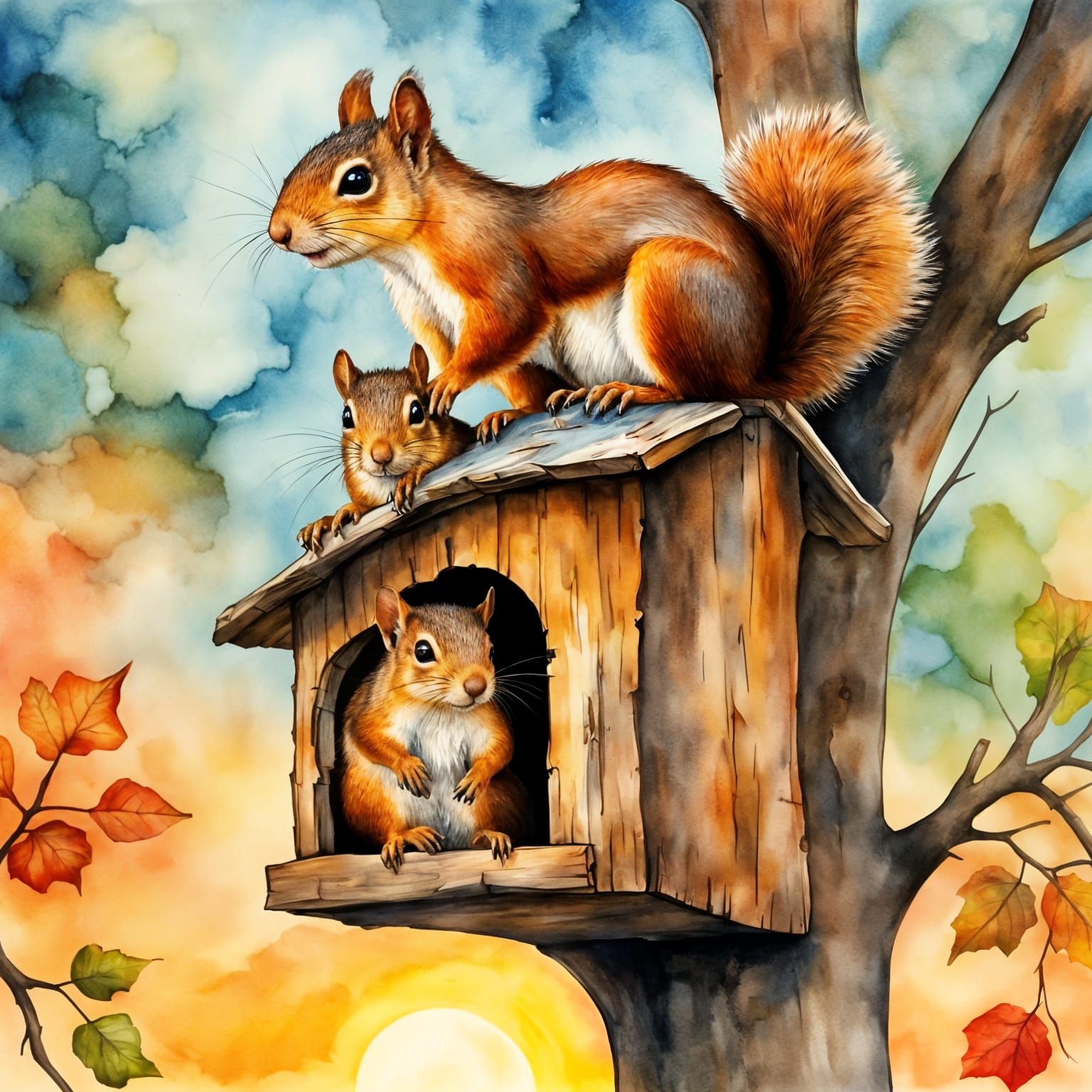 Squirrel Family in Treetop Home, Nature Photography