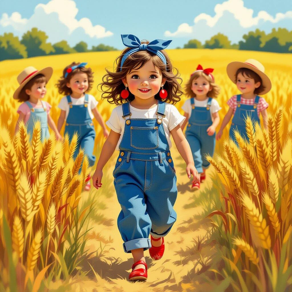 Whimsical Children in Crop Field: Vibrant Art Style