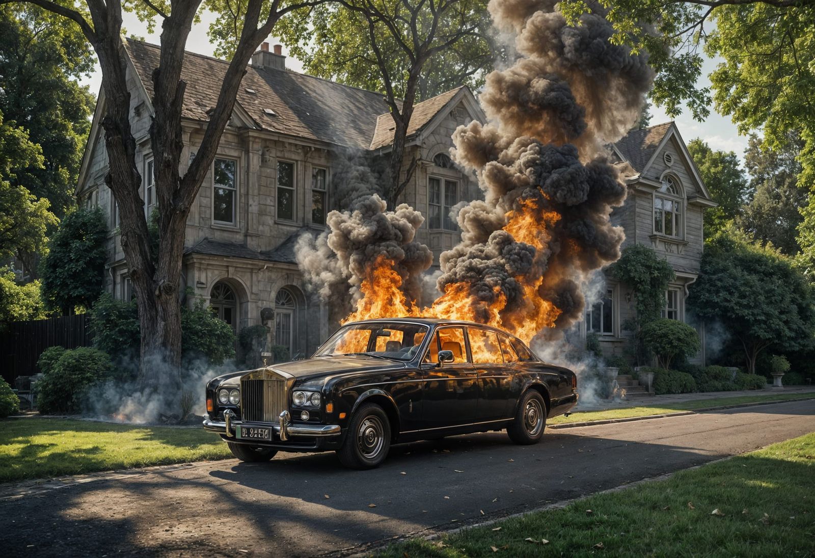 Burning Rolls Royce in Rich Neighborhood