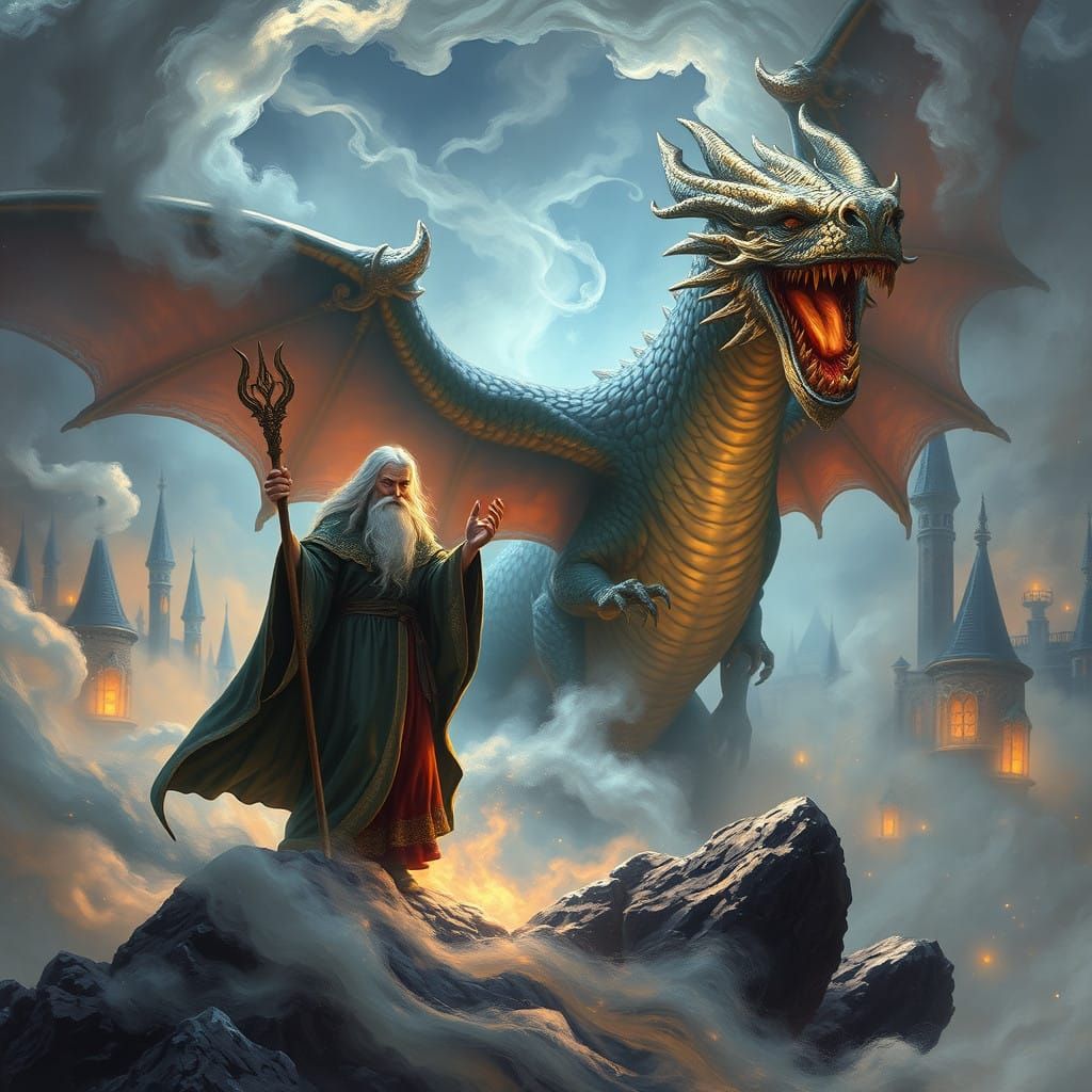 Ethereal Wizard Battles Majestic Dragon in Fantastical Realm