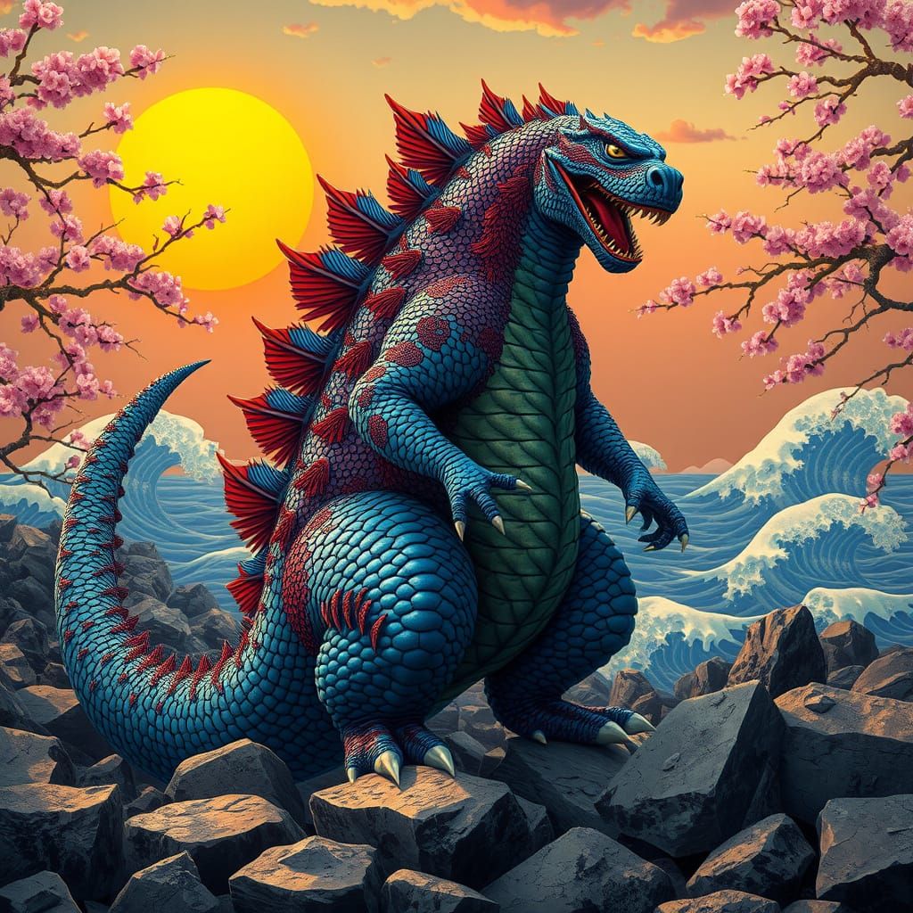 Godzilla on Rocky Shore in Hyper-Realistic Style