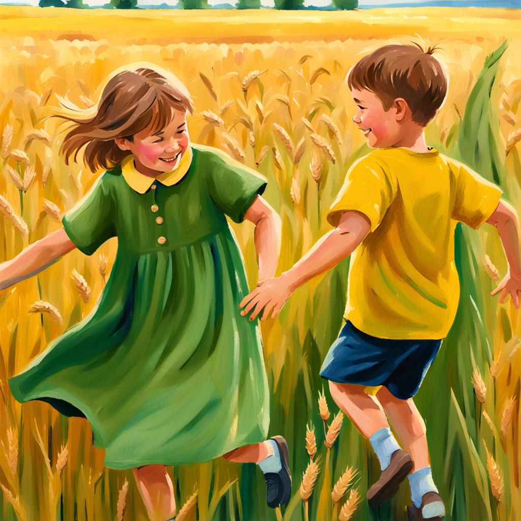 Impressionist Wheat Field Scene with Children