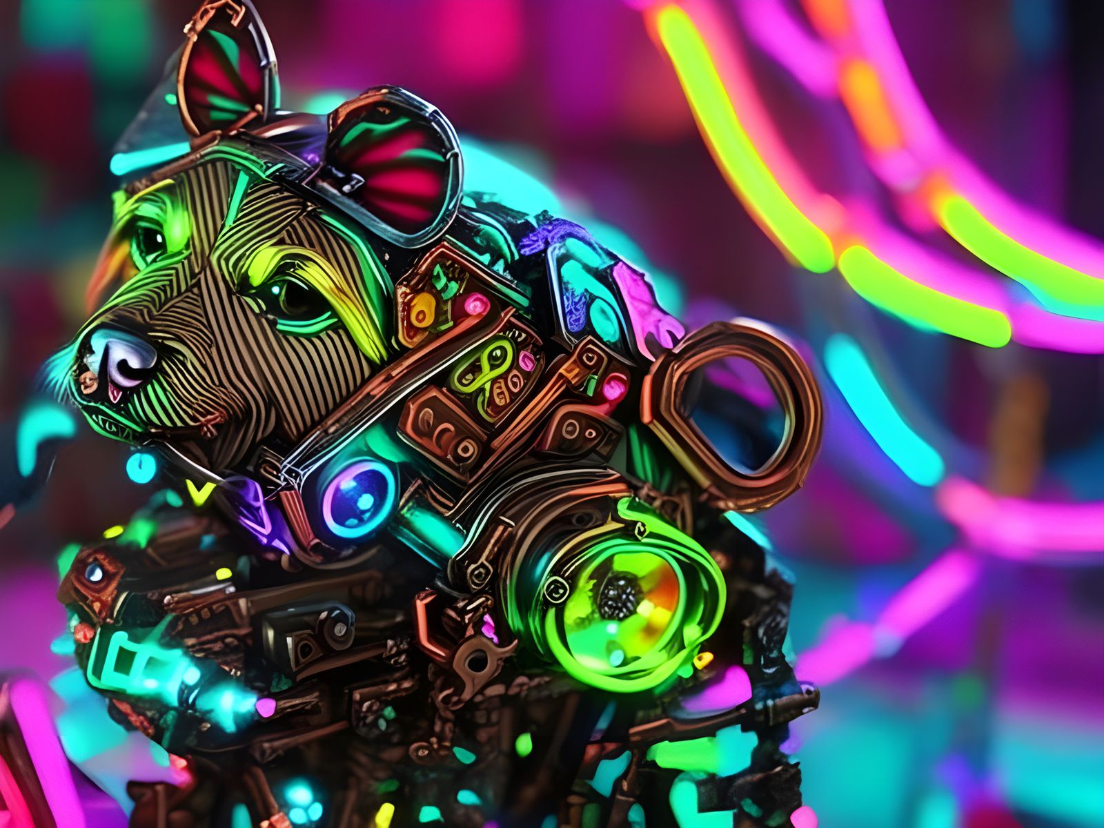 Adorable Cyberpunk Steampunk Puppy in Neon Colors