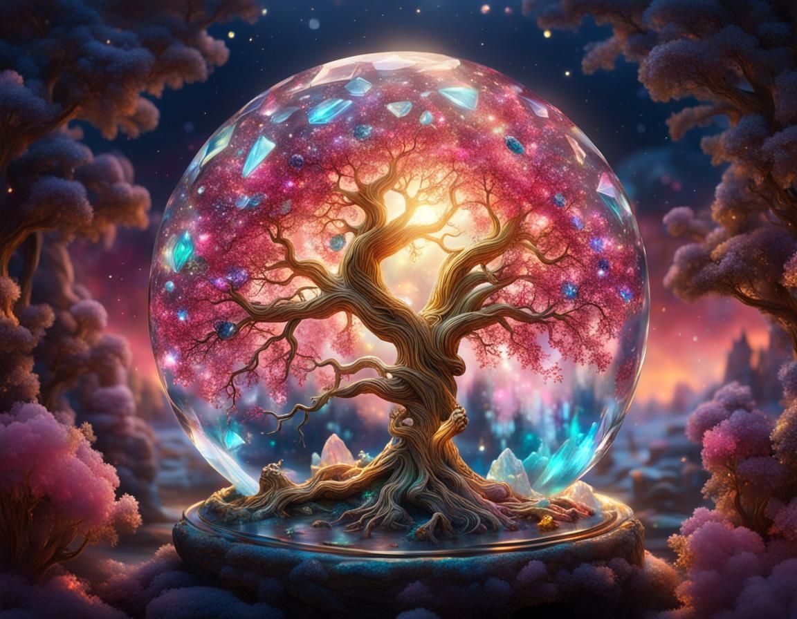 Crystalline World Tree with Gemstones and Golden Artifacts