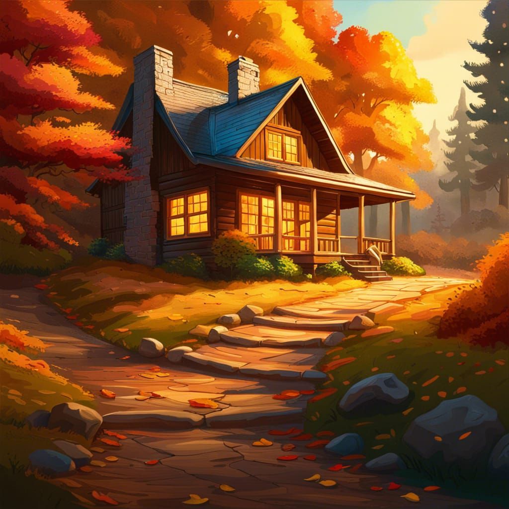 Cozy Cabin in Vibrant Autumn Landscape