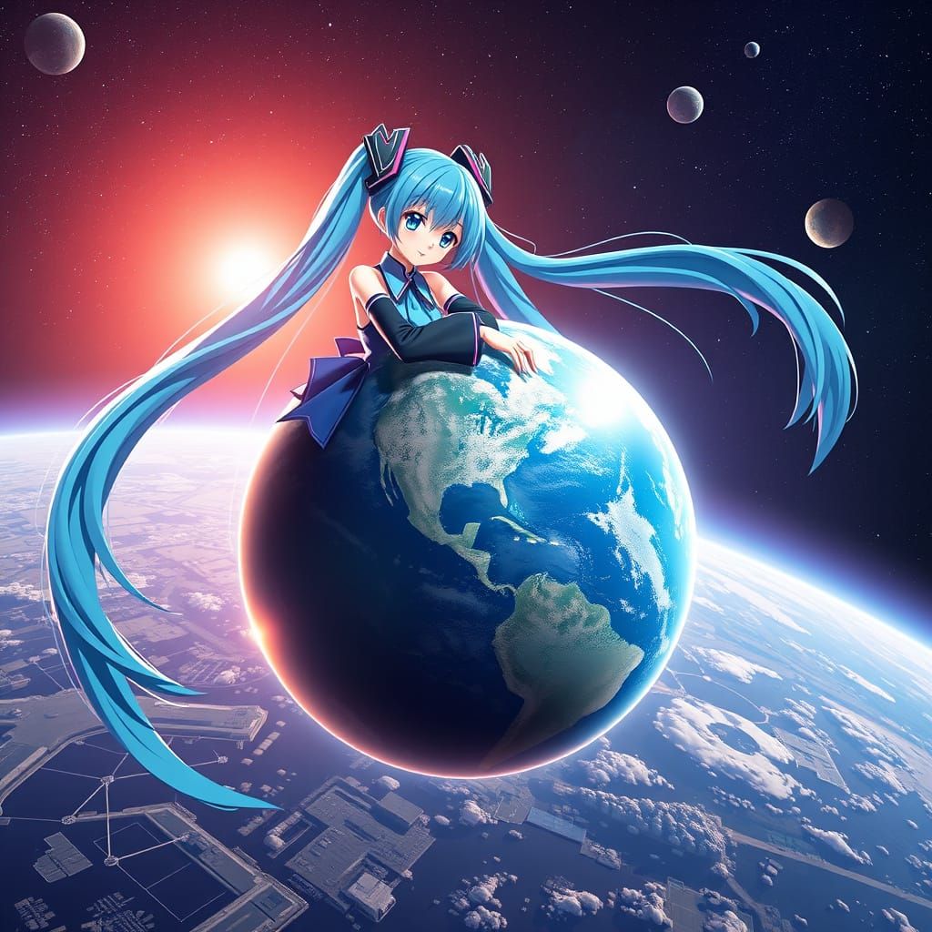 Giantess Hatsune Miku, Floating in Space, Gives Earth a Warm...