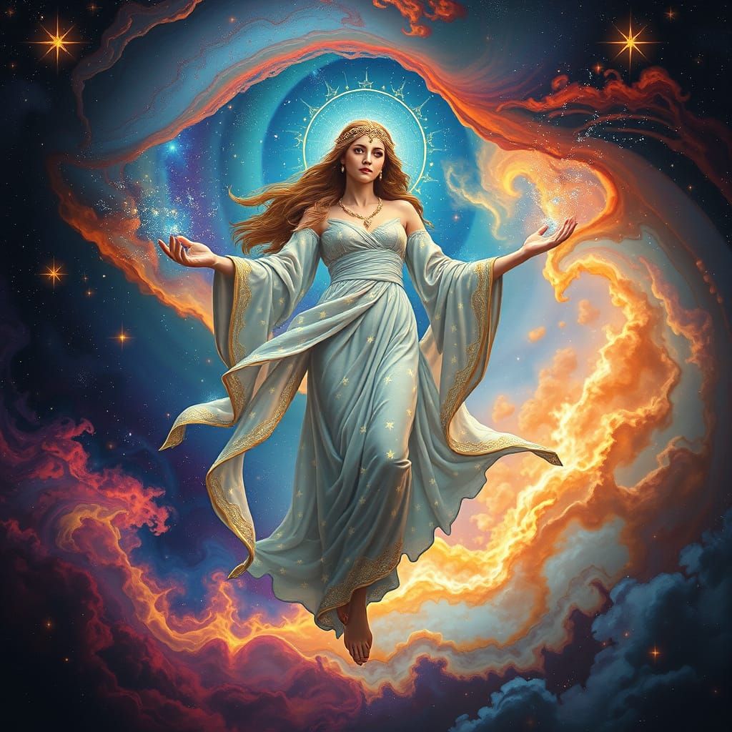 Surreal Goddess in Starlight Robes Floats Above Swirling Neb...
