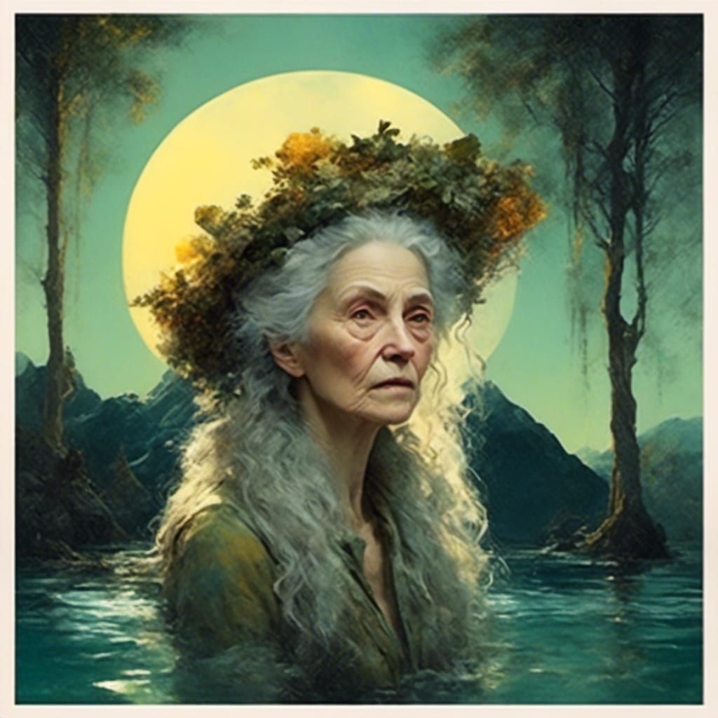 Realistic Portrait of Old Woman in Mountain Pool