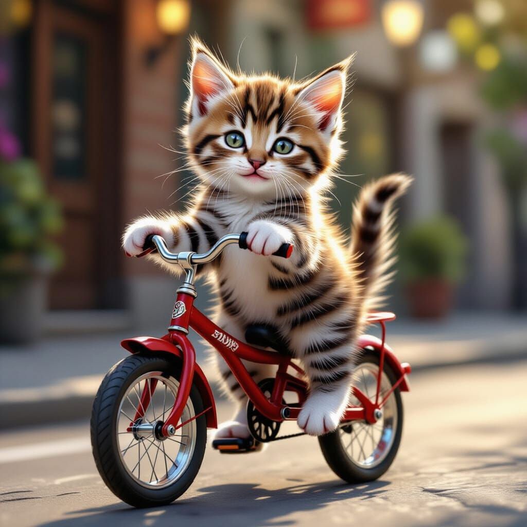 Kitten on Tricycle Near Club in Realistic Style