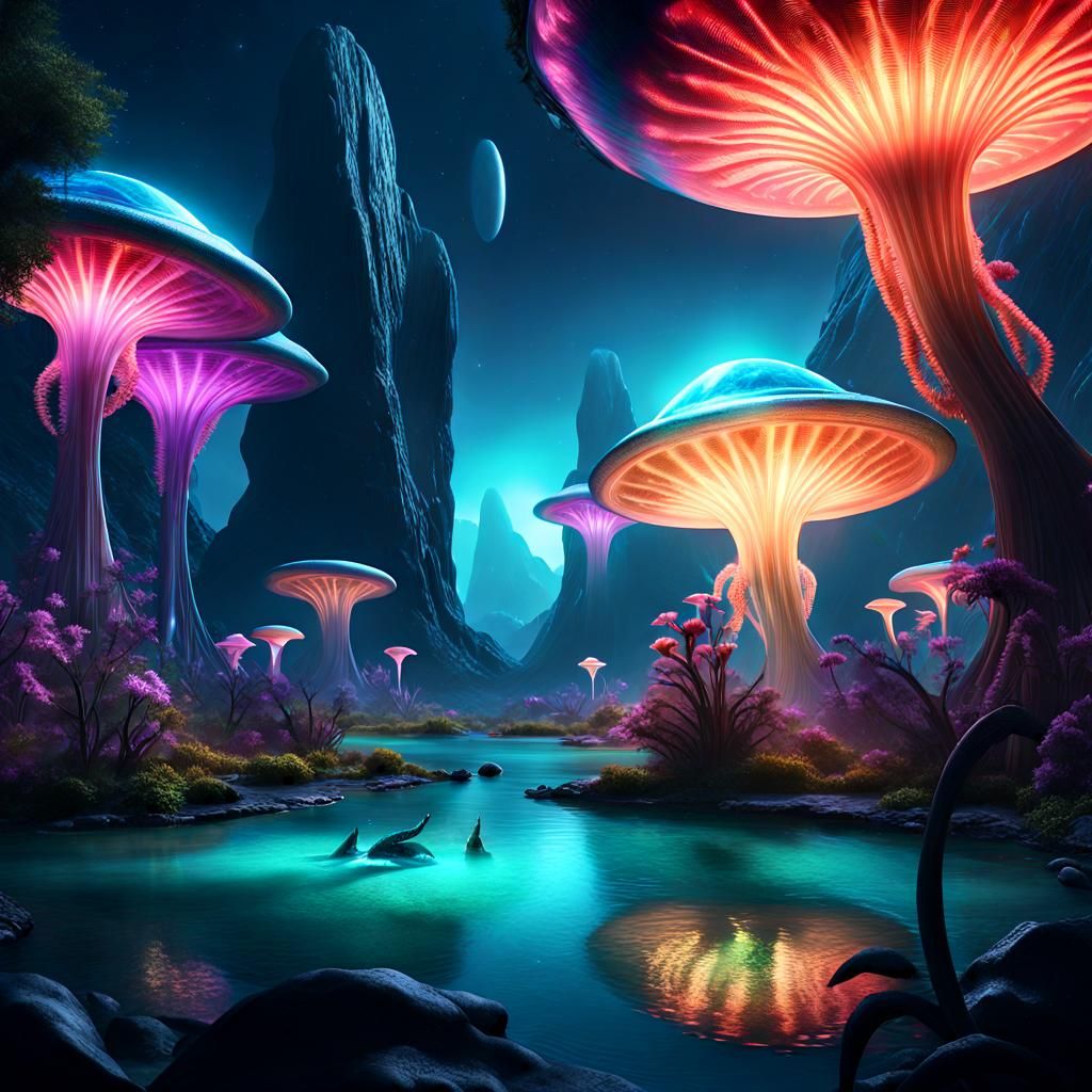 Bioluminescent Alien Wildlife Panorama in Digital Matte Pain...