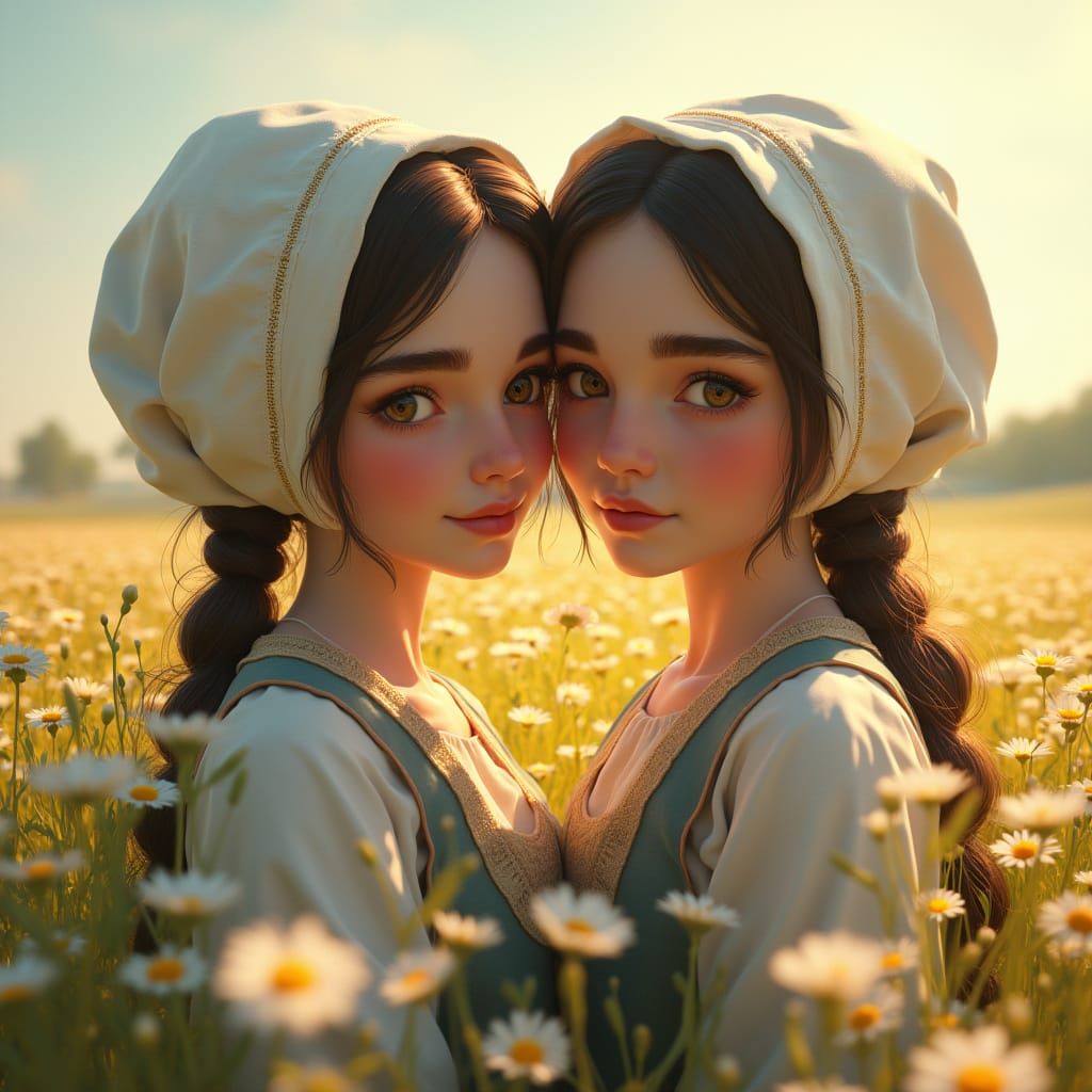 Amish Girls in Sunny Daisy Field: Hyperdetailed Portrait