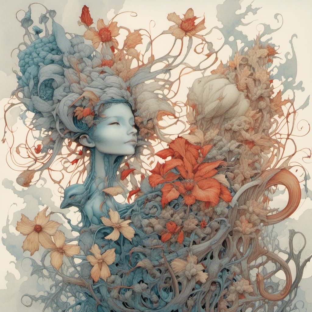 Fantastic exotic flowers, watercolor ink, intricate, magical, in the style of James Jean,